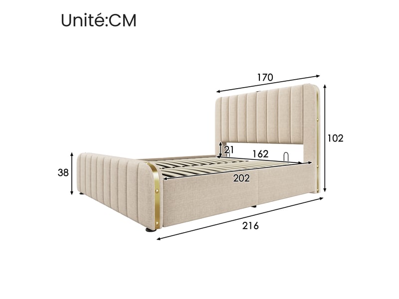 Lit avec tiroirs, lit simple en lin beige, 4 tiroirs, usb, type-c et décor doré, 90x200 cm, sans matelas - Conforama D
