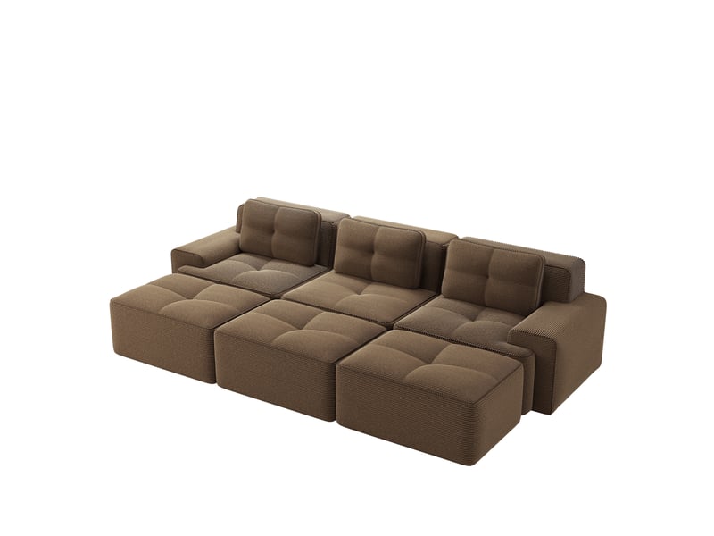  Canapé d’angle modulable convertible 3 places en velours côtelé marron avec 3 poufs  - Conforama A