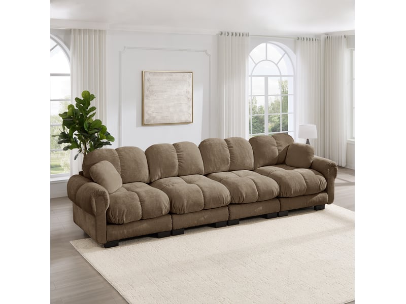Canapé modulaire 4 places en tissu marron, coussins épais et accoudoirs élégants, idéal pour le salon - Conforama E