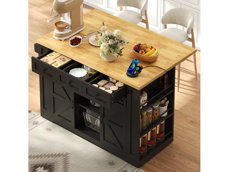  Desserte de cuisine 130x80x87 cm plateau rabattable mdf noir et naturel  - Conforama C
