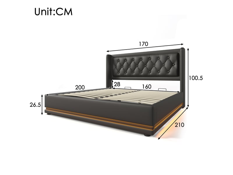  Lit coffre 160x200 cm, usb type-c et led 3 côtés, pu, noir sans matelas  - Conforama E