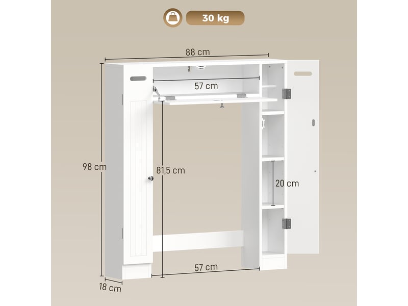  Meuble wc dessus de toilette avec 2 placards, tiroir basculant, blanc, porte-papier et étagères réglables  - Conforama C