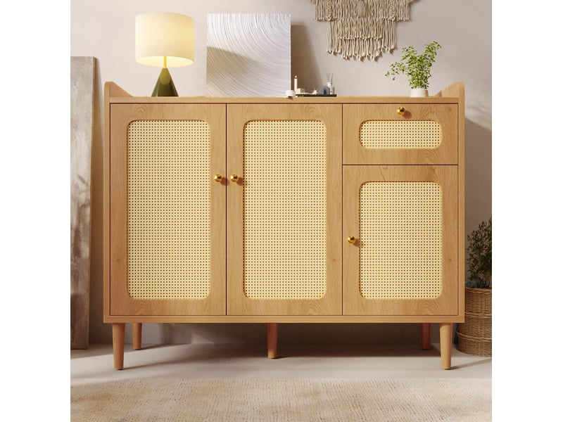 Buffet 120 x 40 x 91 cm effet chêne, 3 portes, tiroir et façades en rotin - Conforama E
