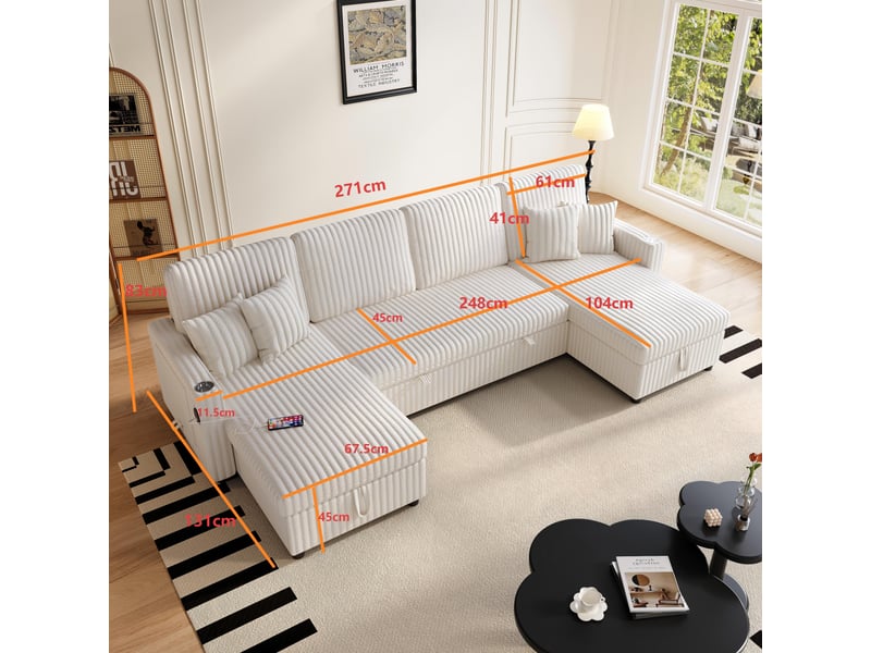 Canapé panoramique convertible 6 places en u 271x131x83 cm canapé-lit modulable 2 méridiennes avec rangement ports usb et type-c velours côtelé beige - Conforama C