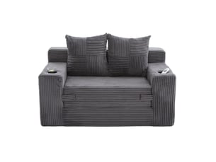 Canapé droit 2 places en velours côtelé gris avec poches latérales, 151 cm