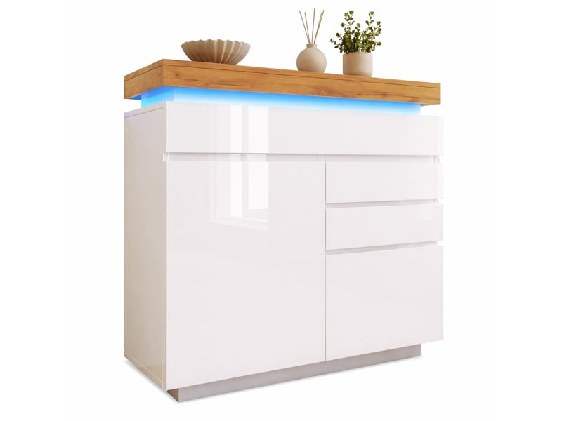 Commode à 2 portes et 3 tiroirs avec led pour salon ou chambre 110×39×115 cm en panneaux blanc - Conforama A