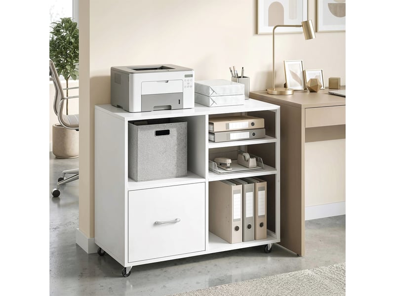  Meuble pour imprimante à roulettes, table d'imprimante avec étagères ouvertes et tiroir à documents, format a4, blanc  - Conforama D