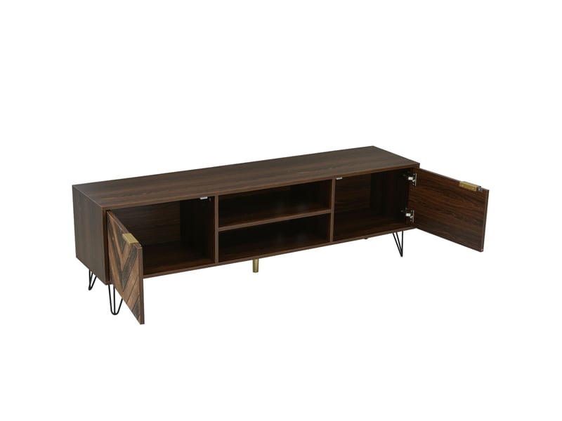  Meuble tv bois massif 155 cm avec 2 portes et pieds en métal, finition naturelle  - Conforama R
