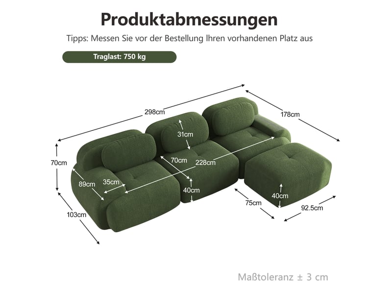 Canapé d’angle 3 places modulable en velours côtelé vert sans cadre, confort 32d et prêt à installer - Conforama C