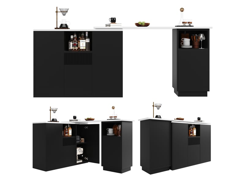  Table de bar pivotante à 360° avec plateau texture marbre, design moderne et épuré noir, îlot de cuisine modulable en l, 210x30x100.9 cm  - Conforama B