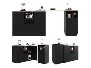Table de bar pivotante à 360° avec plateau texture marbre, design moderne et épuré noir, îlot de cuisine modulable en l, 210x30x100.9 cm