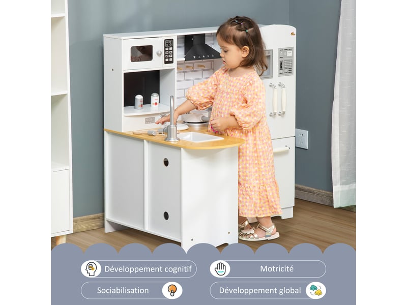  Cuisine pour enfant 3-6 ans jeu d'imitation nombreux accessoires rangements évier, robinet, four, micro-ondes, hotte, téléphone et réfrigérateur blanc  - Conforama D