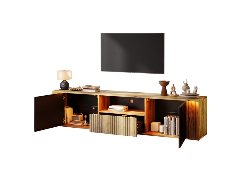 Meuble tv 180x40x51 cm, pour tv jusqu’à 75 pouces, led bluetooth, 2 portes battantes, 1 tiroir, niche ouverte, mdf et aggloméré, noir et bois OMNIGLINT TRADING LTD - Conforama D