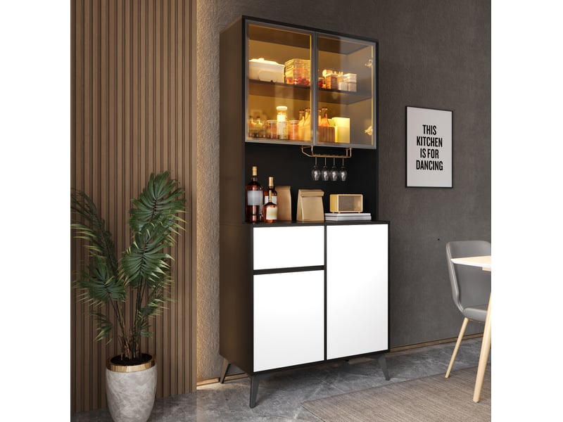  Vitrine 4 portes 1 tiroir avec led réglable, étagères et porte-verres pour salle à manger en mdf noir et blanc 80 × 40 × 180 cm  - Conforama D