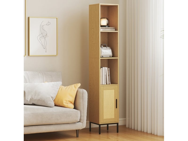  Armoire de salle de bains étroite 30x30x164 cm, 3 niveaux ouverts et tablette réglable, bois, naturel  - Conforama C