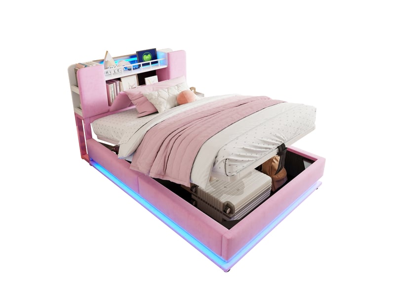  Lit enfant 90 x 200 cm rose avec led, port usb et rangement hydraulique  - Conforama A