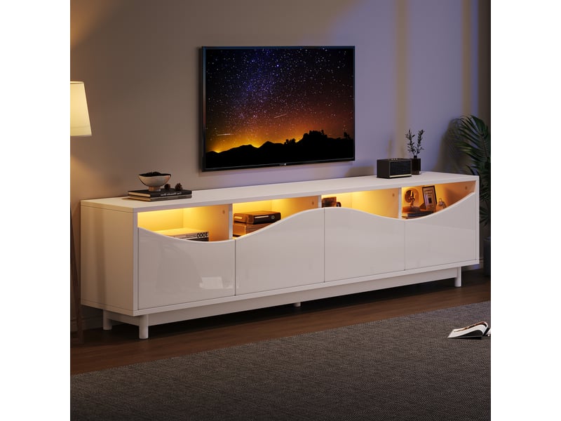  Meuble tv blanc laqué 175 cm avec led bluetooth, design incurvé et portes en verre trempé, pour écran jusqu'à 70 pouces  - Conforama R