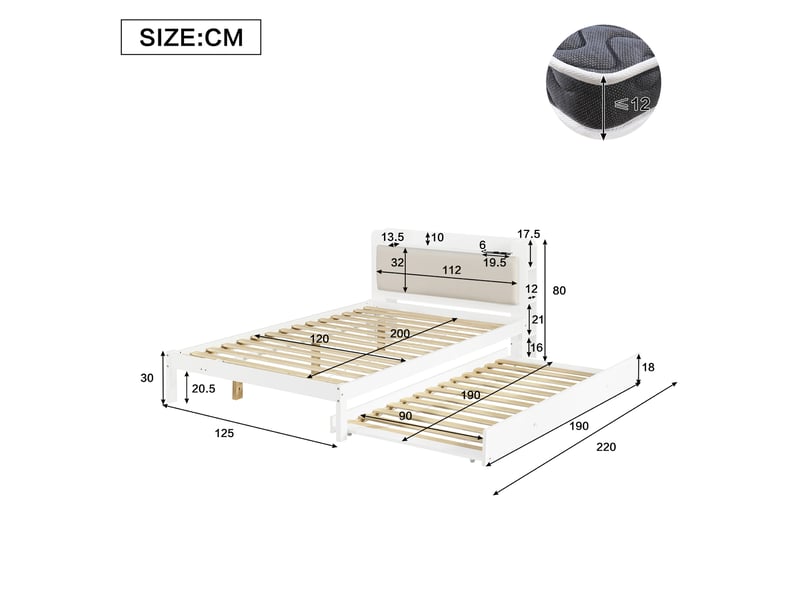  Lit gigogne 120x200 cm avec tête de lit rembourrée en bois blanc  - Conforama E