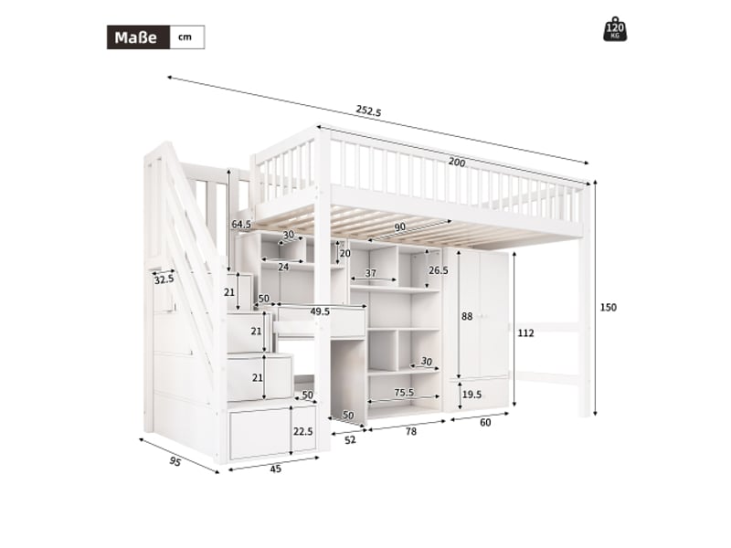  Lit mezzanine 90x200 cm coloris blanc bois massif lit enfant blanc - Conforama C