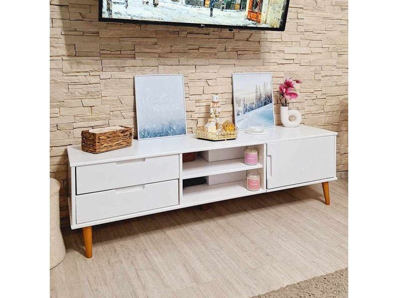  Meuble tv - banc tv - meuble de rangement molde blanc 158x40x49 cm bois de pin massif  - Conforama C