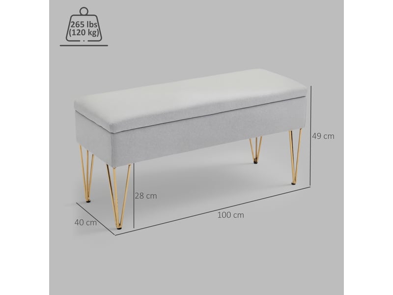  Banc de chevet avec rangement en tissu et pieds en acier, 100 x 40 x 49 cm, gris clair  - Conforama E