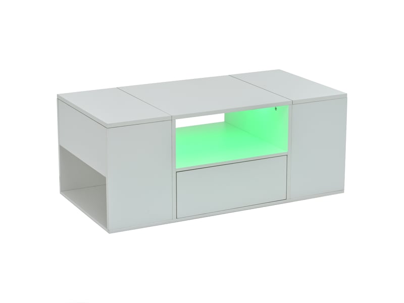  Table basse (100 x 50 x 40 cm), table d'appoint avec un tiroir, console avec deux compartiments, table de salon laquée brillante avec éclairage led, table basse avec 6 compartiments de rangement, blanche  - Conforama E
