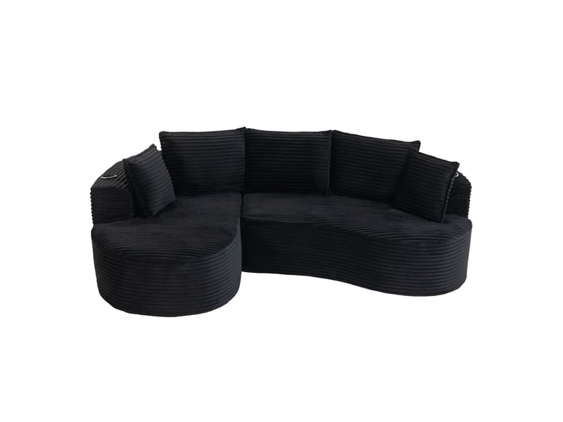  Canapé 3 places ulevr courbe noir en velours côtelé 250 x 152 x 82 cm avec porte-gobelets et poches latérales  - Conforama A