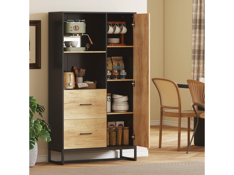  Buffet de cuisine moderne avec 2 tiroirs, 2 étagères et un placard, 88 x 35 x 160 cm, bois et noir  - Conforama D