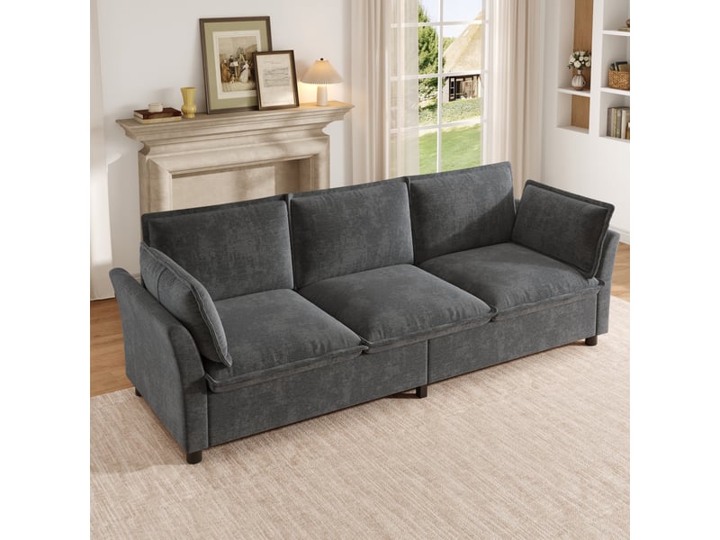 Canapé modulable 3 places 220x81x87 cm, canapé salon effet nuage avec cadre en métal et 2 coussins d'accoudoirs, chenille, gris - Conforama B