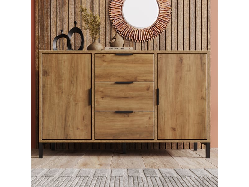  Buffet industriel - 120cm - chêne foncé - 2 portes - 3 tiroirs - étagères réglables  - Conforama W