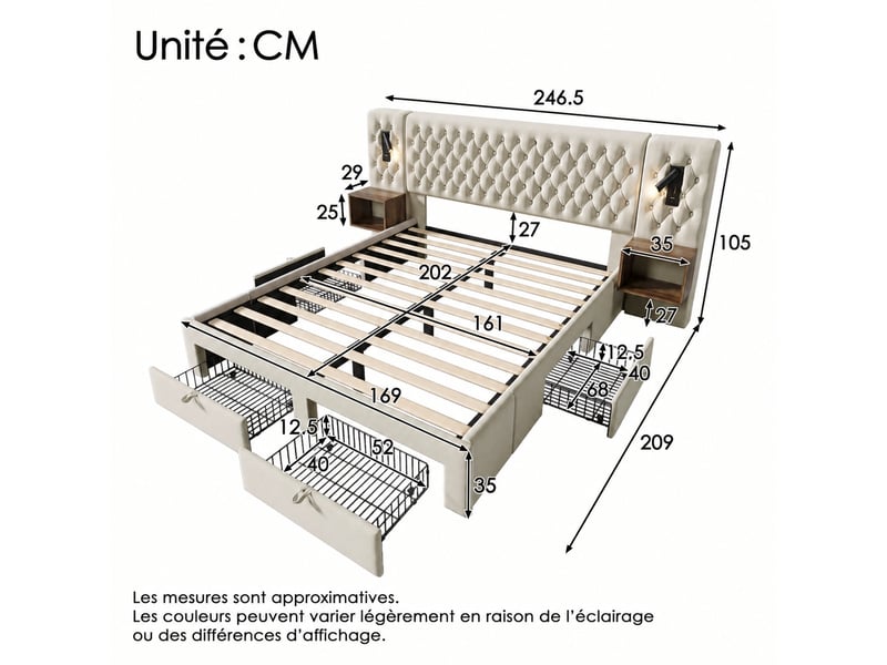 Lit 160 x 200 cm avec deux chevets intégrés, 4 tiroirs, velours beige  - Conforama C