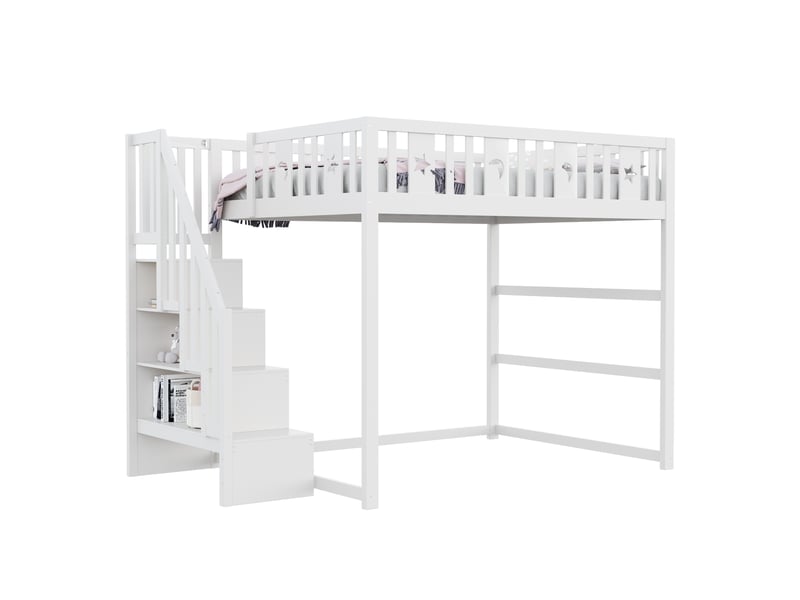  Lit mezzanine 140x200 cm - lit double enfant avec escalier sécurisé et motifs lune et étoiles, structure en pin et mdf, sans matelas, blanc  - Conforama A