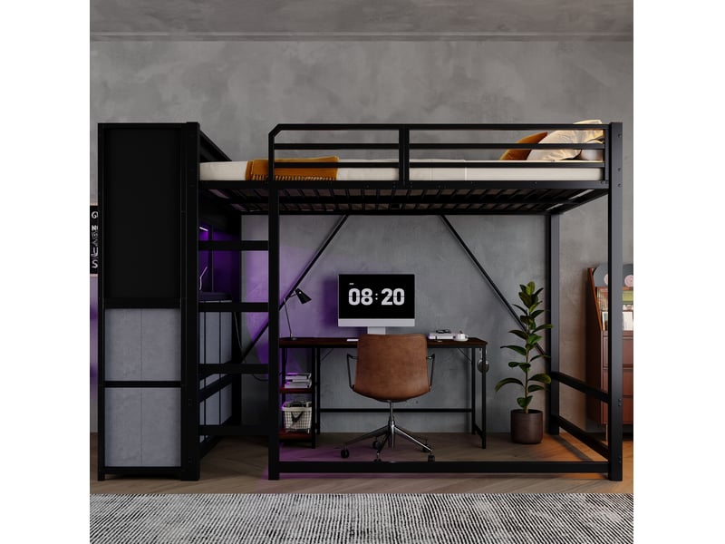  Lit mezzanine 120x200 cm en métal noir avec rangements, éclairage et prises usb  - Conforama E