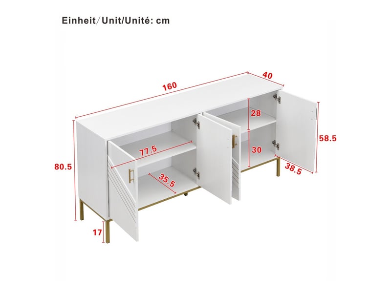  Buffet à 4 portes, 160 x 40 x 80.5 cm, vaisselier, armoire de cuisine avec étagères réglables en hauteur, blanc  - Conforama C