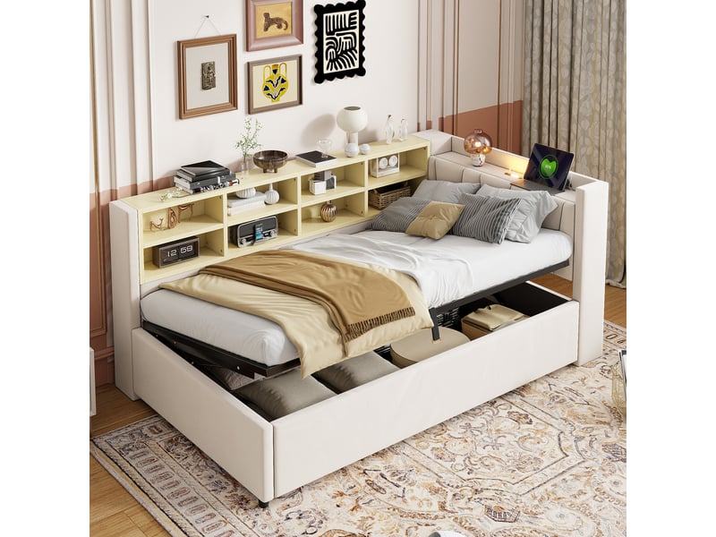  Canapé-lit 90*200 cm avec rangement hydraulique, veilleuse, usb et type-c, étagères, velours beige  - Conforama C