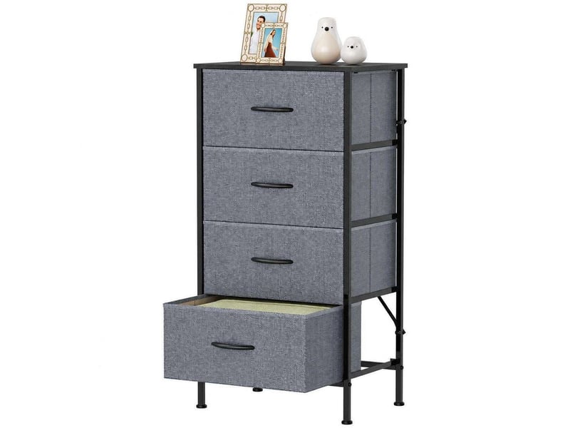  Chiffonnier meuble 45x30x91 cm quatre tiroirs tissu gris fonce et metal noir chambre  - Conforama B