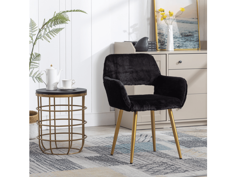  Chaise de salle à manger noire en fourrure synthétique avec accoudoirs et pieds en acier doré  - Conforama B