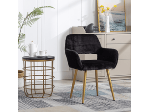 Chaise de salle à manger noire en fourrure synthétique avec accoudoirs et pieds en acier doré