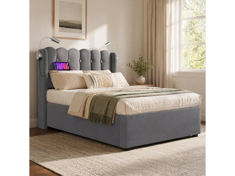 Lit coffre 1 place 90x200 cm en velours gris avec liseuse et usb  - Conforama D