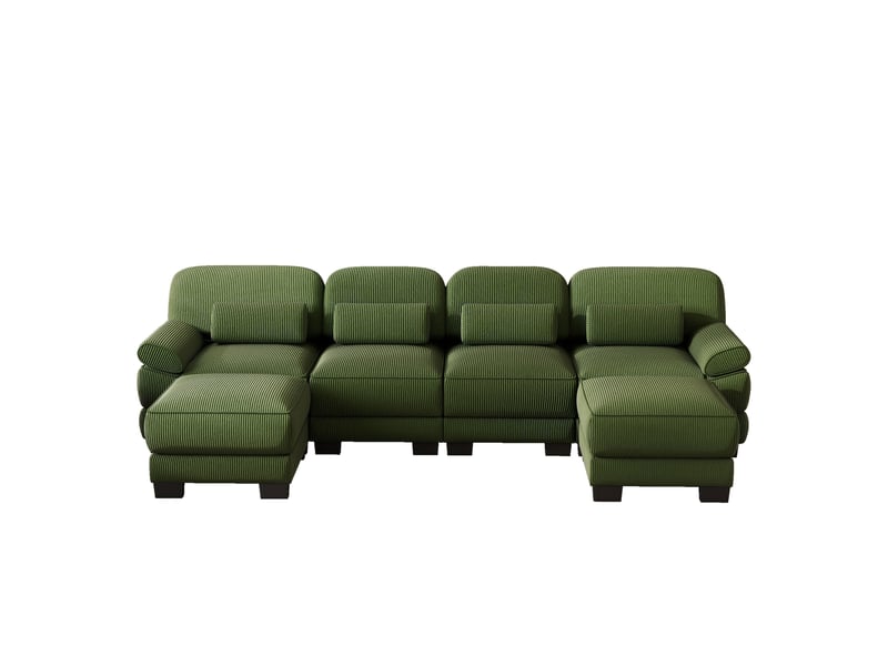  Canapé modulable u 4 places en velours côtelé vert avec 2 ottomans, assise profonde  - Conforama A