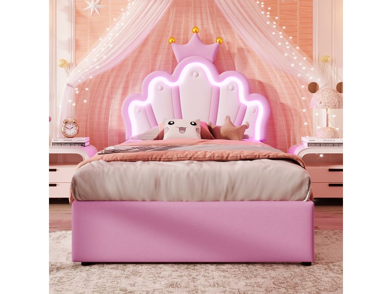  Lit enfant 90x200 cm avec led, tiroirs, sommier et tête réglable, lit princesse, pu rose, sans matelas  - Conforama B