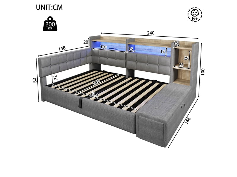  Lit coffre hydraulique 140x200 cm avec led multicolore, usb et usb-c et banc coffre, velours gris foncé, sans matelas  - Conforama C