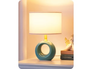 Lampe de table moderne en ceramique bleue 2700k e14 avec abat-jour cylindrique tissu