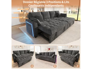 Canapé d'angle convertible 4 places avec led, usb et usb-c, dossier réglable et 4 coussins, en chenille gris