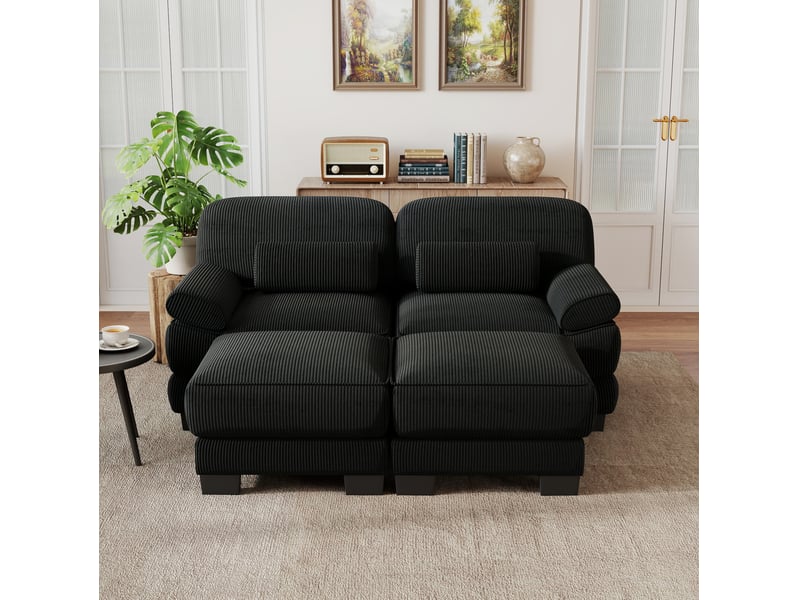  Canapé droit 2 places avec 2 poufs en velours côtelé noir  - Conforama B