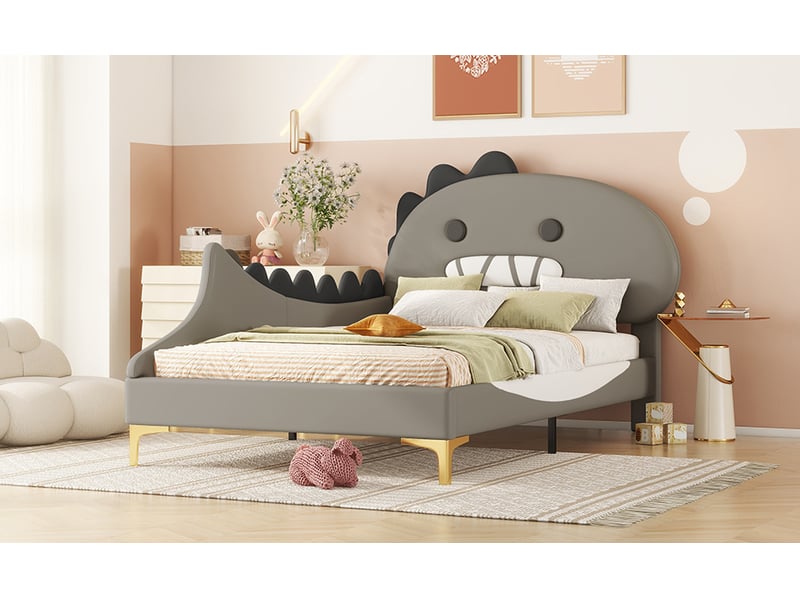  Lit enfant 90x200 cm gris en pu et mdf forme dinosaure  - Conforama W