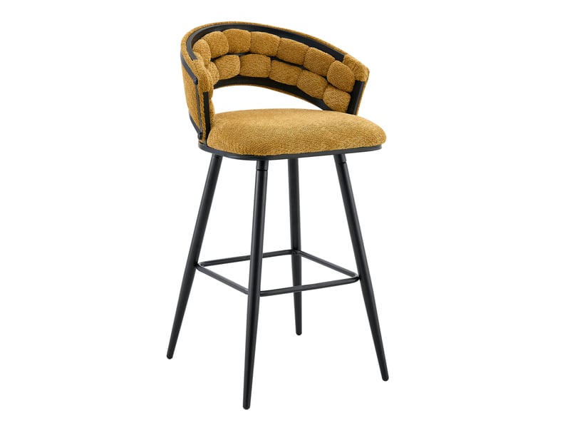  Lot de 4 tabourets de bar avec dossier tressé, assise rembourrée et repose-pieds en velours jaune et métal noir  - Conforama A