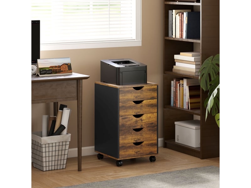  Caisson bureau mobile, meuble rangement sur roulettes avec 5 tiroirs, bois, marron, 40 x 40 x 67 cm  - Conforama D