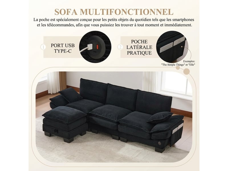  Canapé modulaire 3 places velours côtelé noir - usb-c, 260 x 132 x 84 cm, avec pouf rangement  - Conforama D