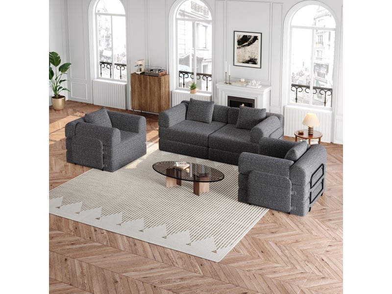 Canapé convertible 4 places - 368x91x70cm - chauffeuse lit chenille, poches rangement, cadre acier - gris foncé  - Conforama D